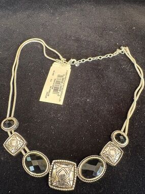16”Gold-Tone Black Stone Statement Necklace